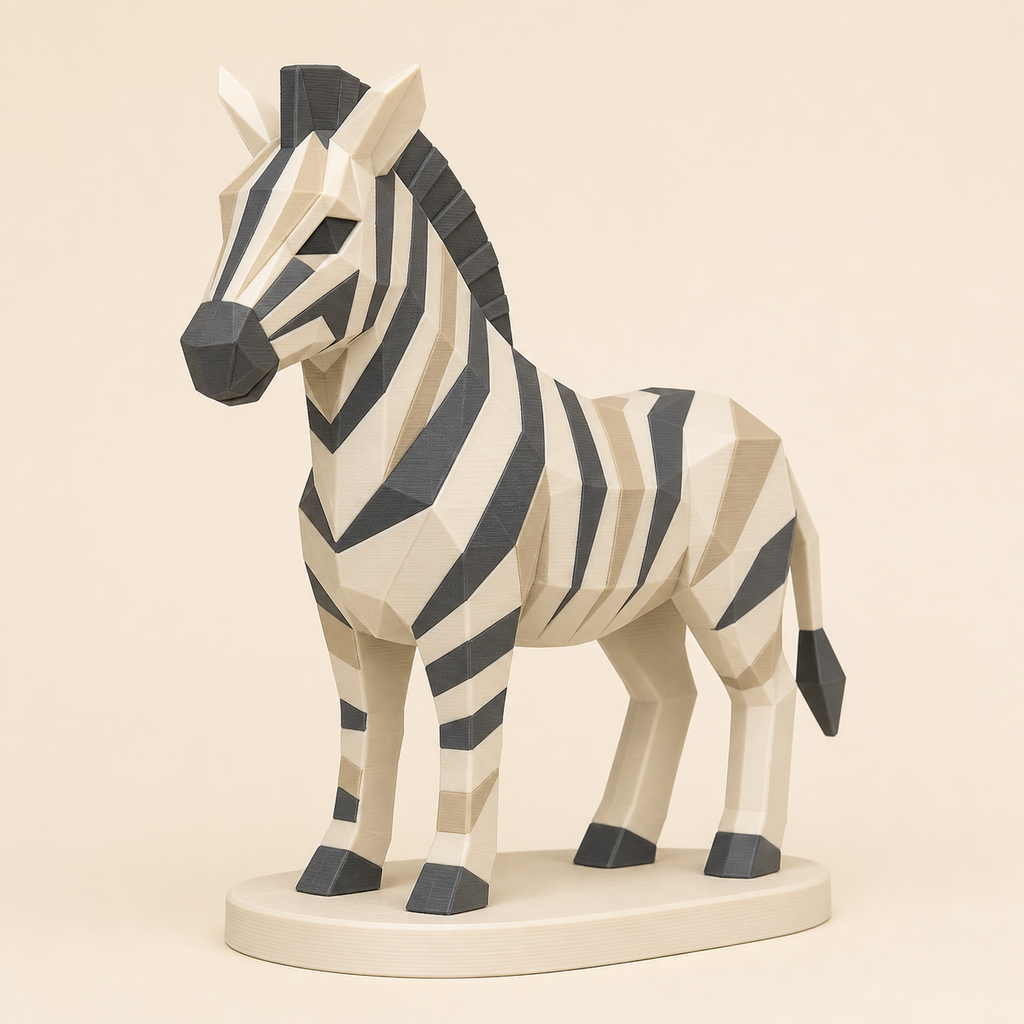 Zebra-Low-Poly-Skulptur Facettenfigur aus 3D-gedrucktem PETG in Knochenweiß, Anthrazit, Sandbeige