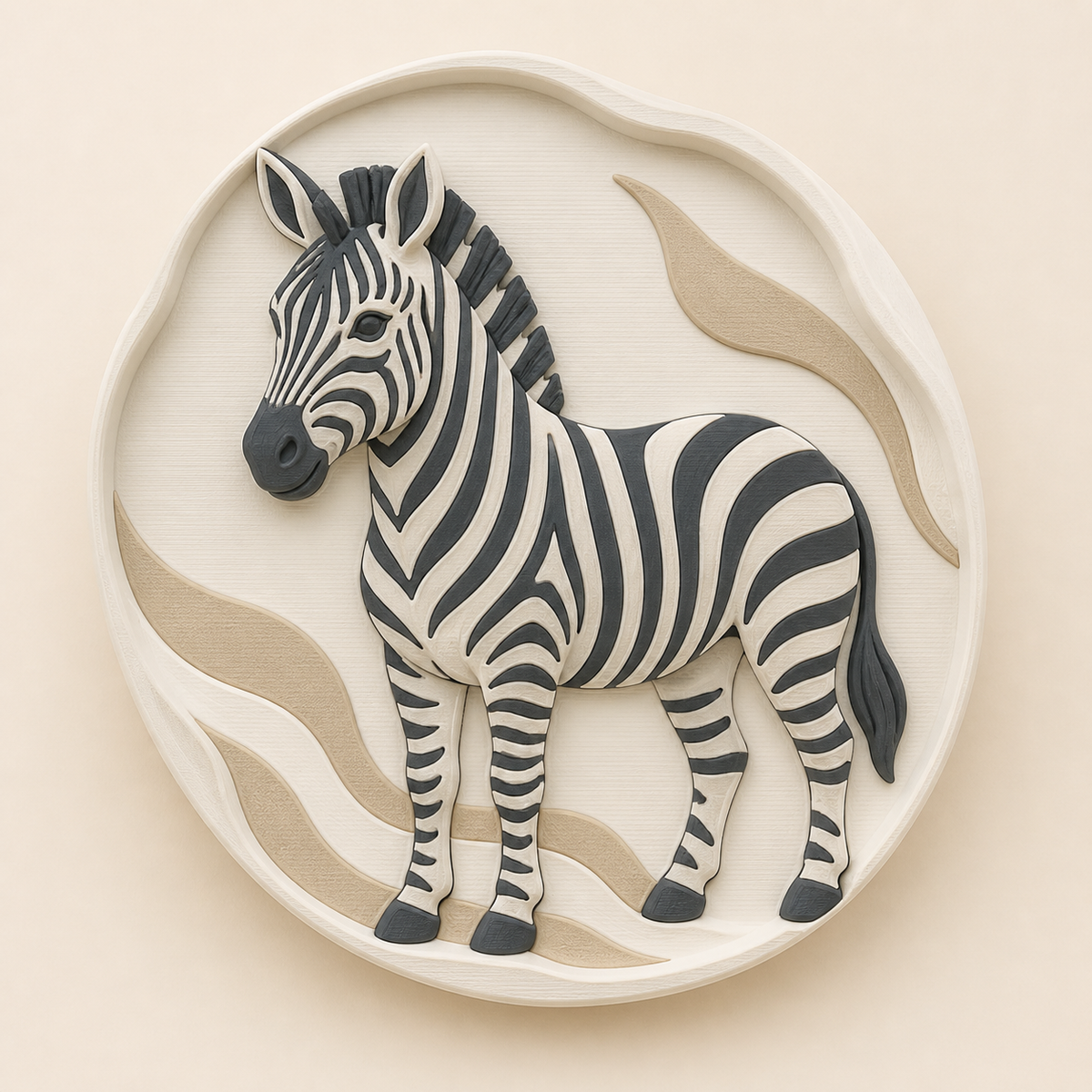 Zebra-Wandrelief Tierporträt aus 3D-gedrucktem PETG in Knochenweiß, Anthrazit, Sandbeige