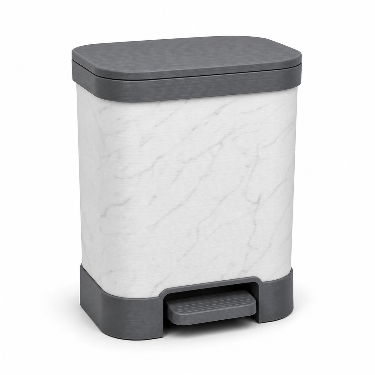 Product image of "Treteimer marble look" on white background: waste bin; Basic shape: high rectangular container with rounded top surface and front foot pedal; Design: bright side surface in subtle marble look between dark head and foot parts; Colours: marble white, dark grey and black.