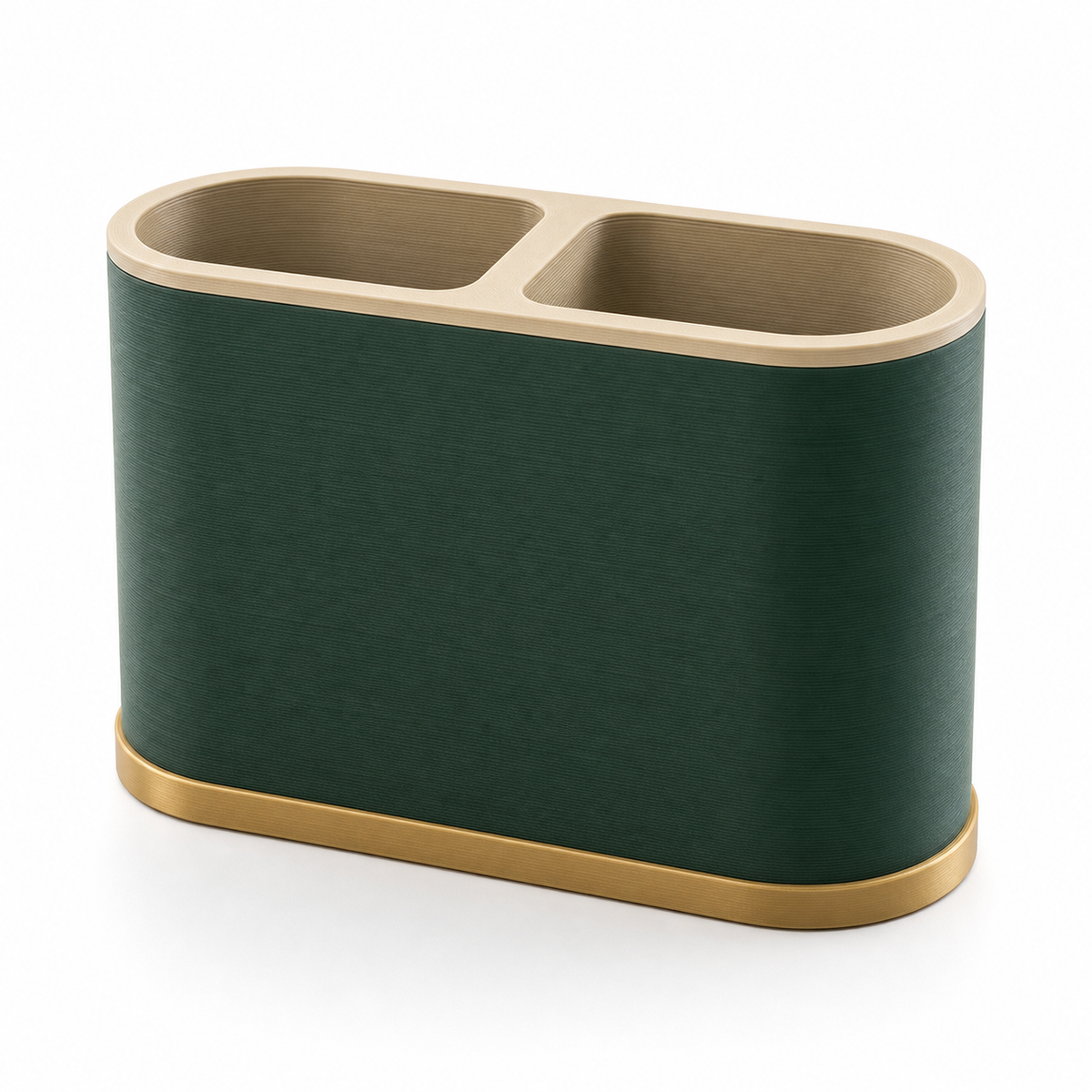 Product illustration of “recycling station Smaragdduo” on white background: Two-part waste bin; Basic shape: queroval body with two adjacent openings; Design: continuous dark green front and clear divided bright border; Colours: dark green, beige and gold.