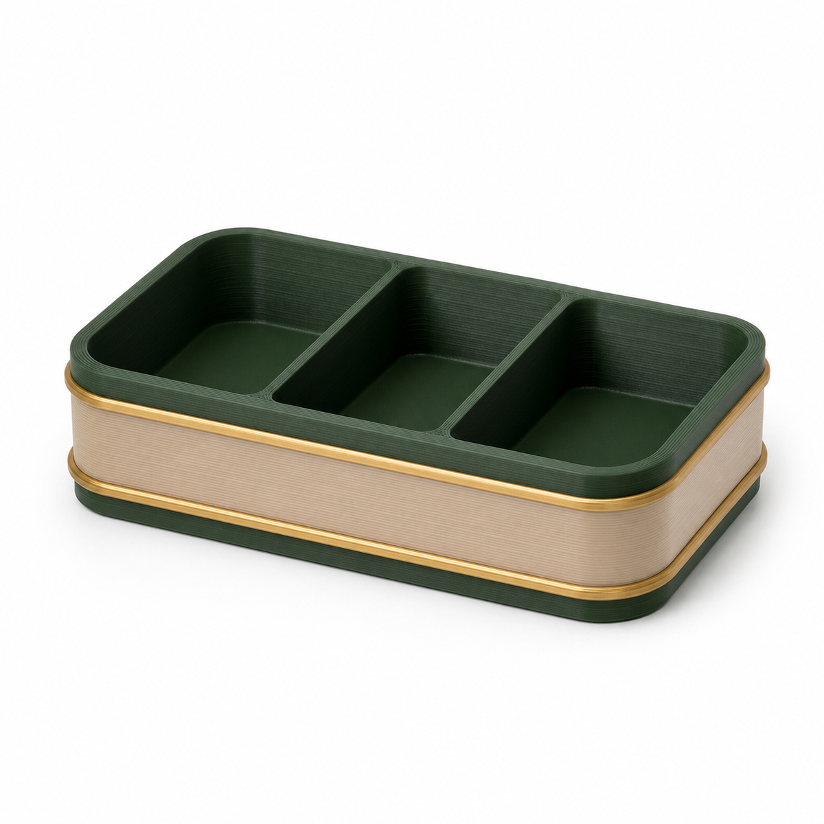 Badablage Smaragdfächer – Produktansicht auf weißem Hintergrund; Farben: Dunkelgrün, Beige und Goldfarben.