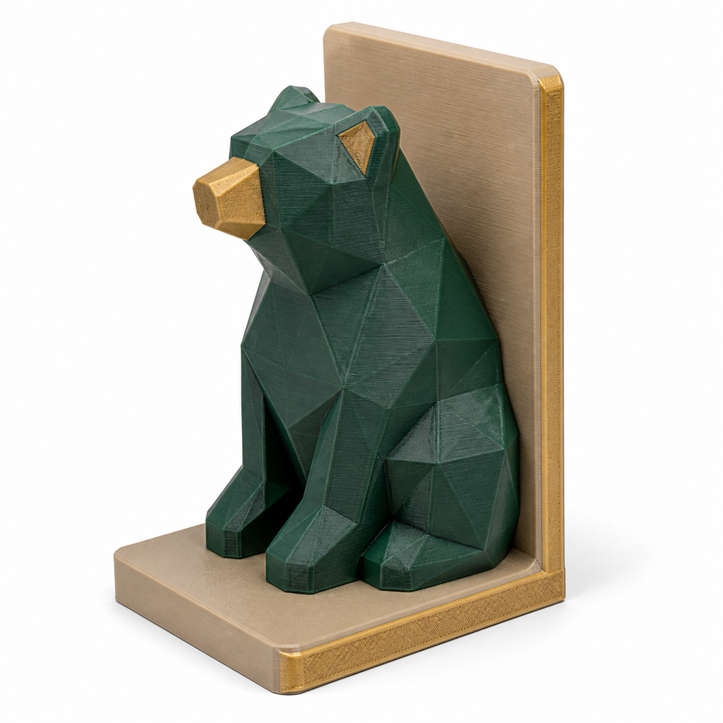 Product illustration of “booking emerald bear” on a white background: booking; Basic shape: right-angled support with plastic seated bear figure; Design: faceted animal shape in front of a calm beige back wall; Colours: dark green, beige and gold.