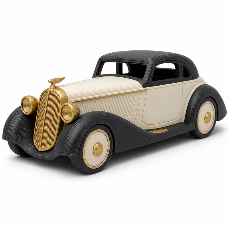 Product illustration of “Deco model Goldklassiker” on white background: Deco vehicle model; Basic shape: long stretched classic cars with freestanding fenders; Design: striking front, round headlights and closed roof; Colours: ivory, black and gold.