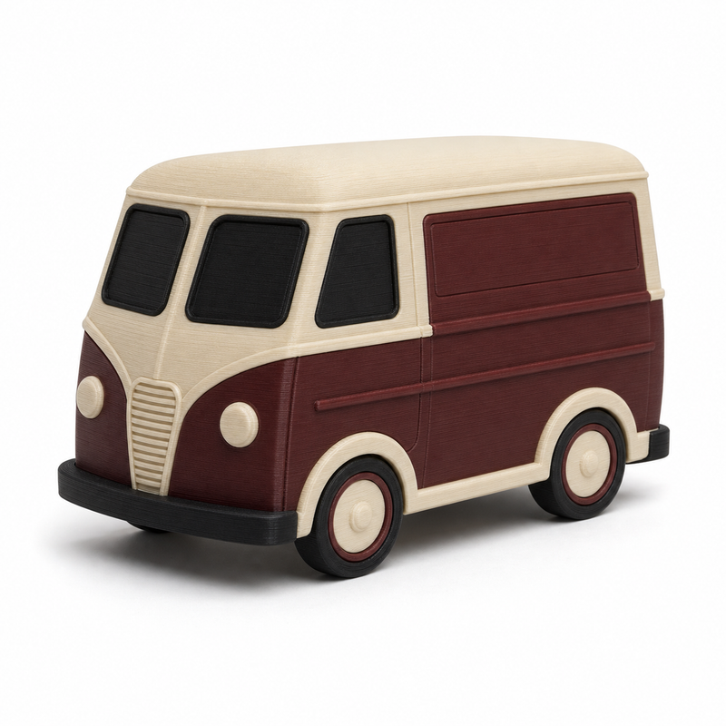 Product image of "deco model Bordeauxbus" on white background: Deco vehicle model; Basic shape: compact van with high-rise box back; Design: numerous windows, clear side panels and rounded vehicle front; Colours: Bordeaux, cream and black.