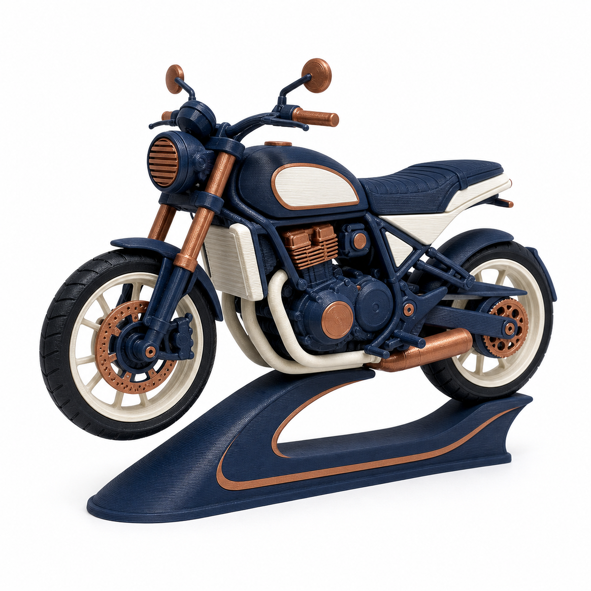Product illustration of "Deco model night motorcycle" on white background: Deco vehicle model; Basic shape: detailed motorcycle on a curved display plinth; Design: visibly arranged engine area, wheels and handlebar section; Colours: dark blue, copper and off-white.