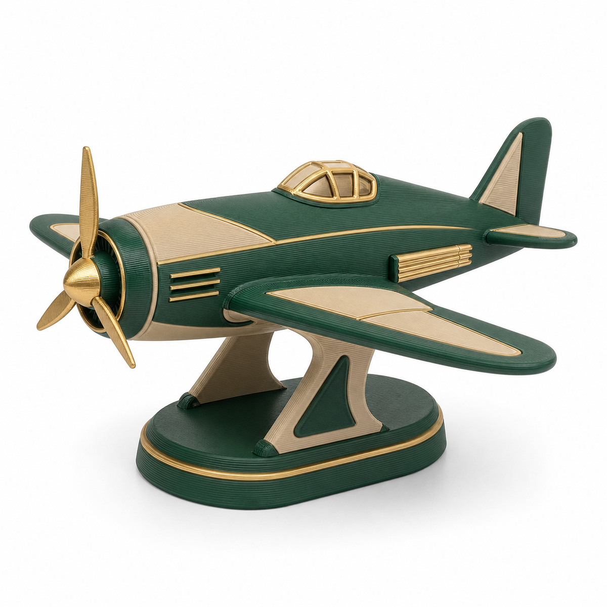 Product image of "deco model emerald" on white background: deco aircraft model; Basic shape: classic propeller aircraft on a curved base; Design: wide wings, high rear fin and detailed cockpit contour; Colours: dark green, beige and gold.