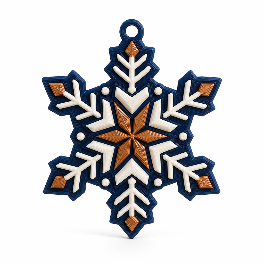 Product illustration of "Fensterornament Nightflake" on white background: window decoration; Basic shape: six-beamed snowflake with small suspension eye; Design: branched geometric arms and faceted star core; Colours: dark blue, copper and off-white.