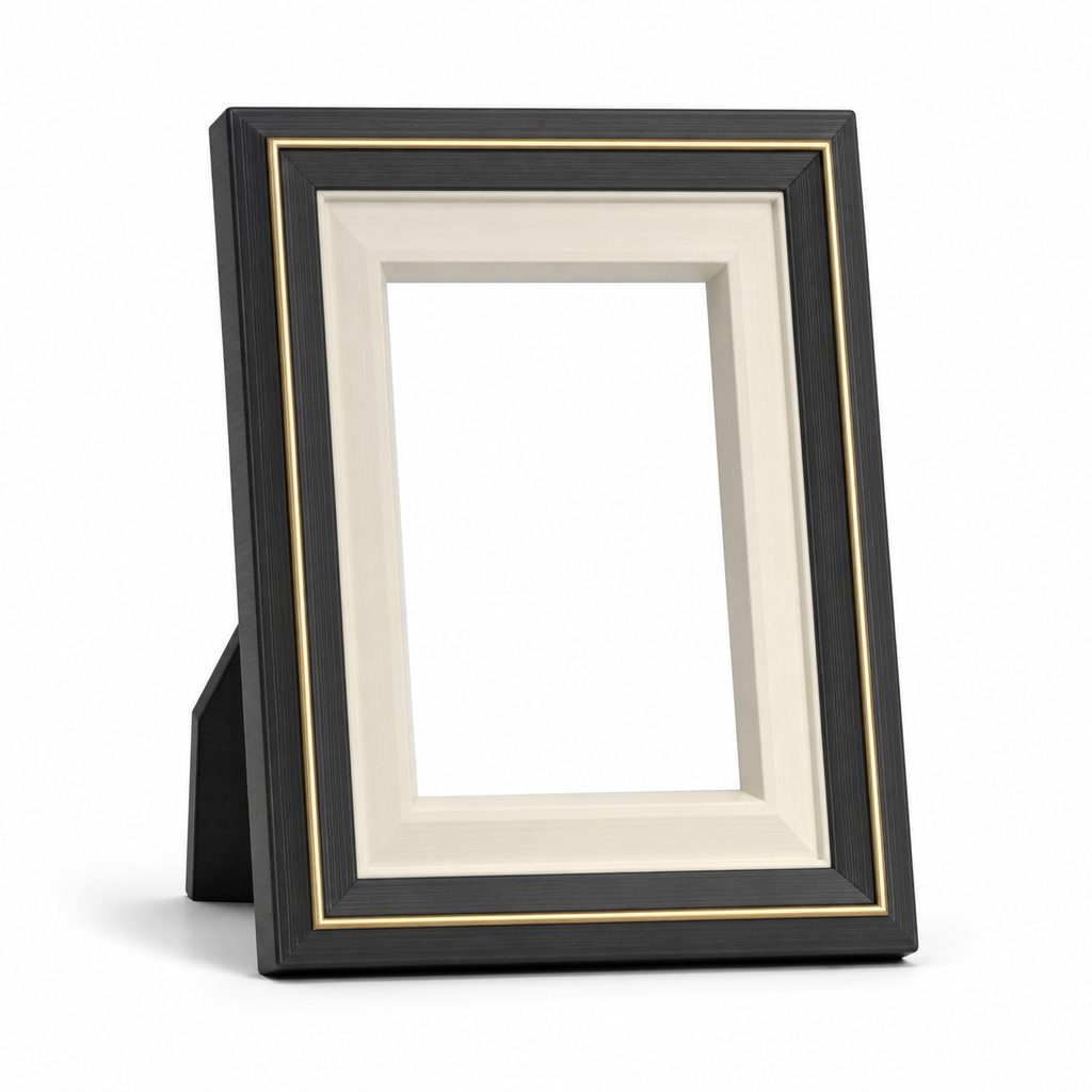 Product image of "photo frame ivory level" on white background: photo frame; Basic shape: high rectangular frame with rear display; Design: multiple stepped contour around a bright image opening; Colours: ivory, black and gold.