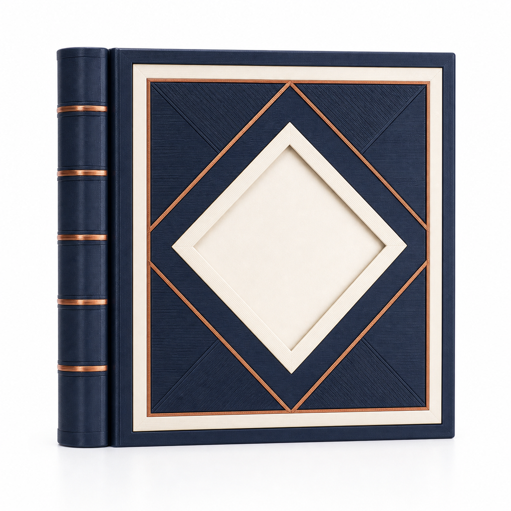 Product illustration of "photo album Night Geometry" on white background: photo album; Basic shape: high rectangular book shape with strong rounded back; Design: large rhodium-shaped surface and fine diagonal lines on the cover; Colours: dark blue, copper and off-white.
