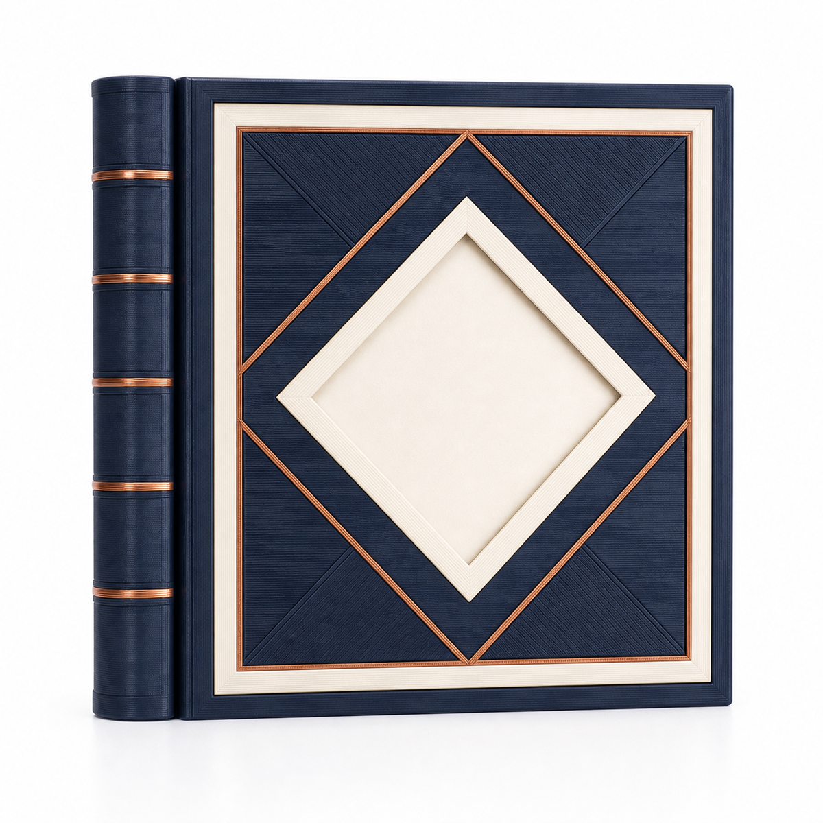 Product illustration of "photo album Night Geometry" on white background: photo album; Basic shape: high rectangular book shape with strong rounded back; Design: large rhodium-shaped surface and fine diagonal lines on the cover; Colours: dark blue, copper and off-white.