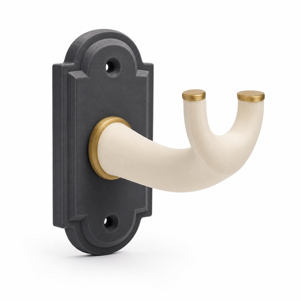 Product illustration of "curtain holder ivory arch" on white background: curtain holder; Basic shape: wall-mounted rectangular baseplatte with double forked arch hook; Design: stepped black holderplatte and soft curved bright recording; Colours: ivory, black and gold.