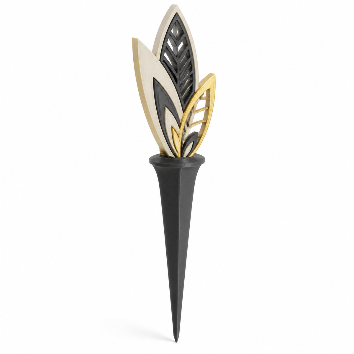 Product illustration of “garden stake gold feather” on white background: garden stake; Basic shape: slender earth skewer with three-part feather motif; Design: different sized, finely structured leaf shapes at the top; Colours: ivory, black and gold.