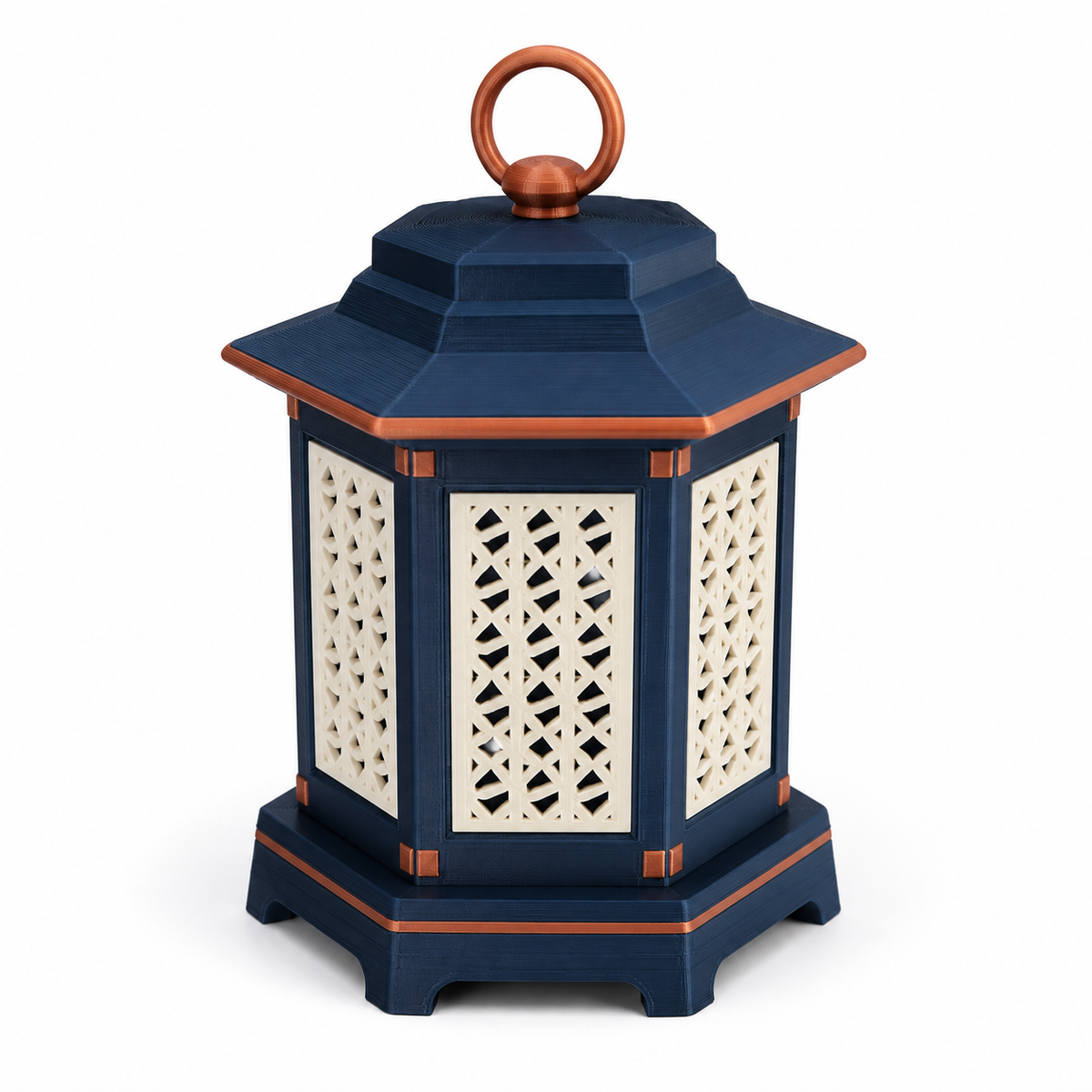 Product illustration of "Dekolatene Nachtkupferr" on white background: garden lantern; Basic shape: hexagonal lantern body with stepped roof and ring handle; Design: bright side panels with decoratively broken middle motifs; Colours: dark blue, copper and off-white.