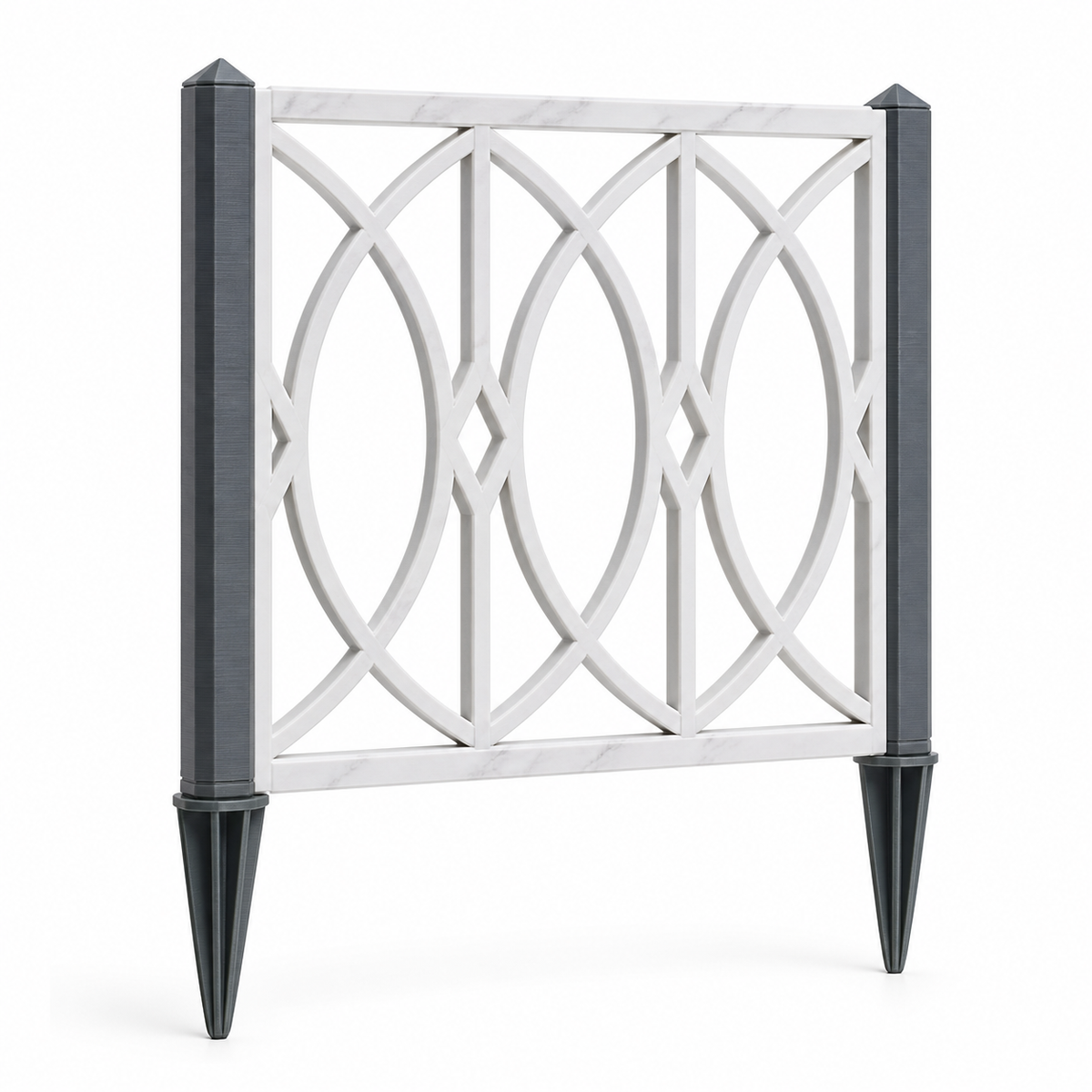 Product illustration of “garden ornament marble-optic arches” on a white background: garden and balcony decoration; Basic shape: rectangular grid between two pointed poles; Design: symmetrically superimposed arches form a quiet ornamental grid; Colours: marble white, dark grey and black.