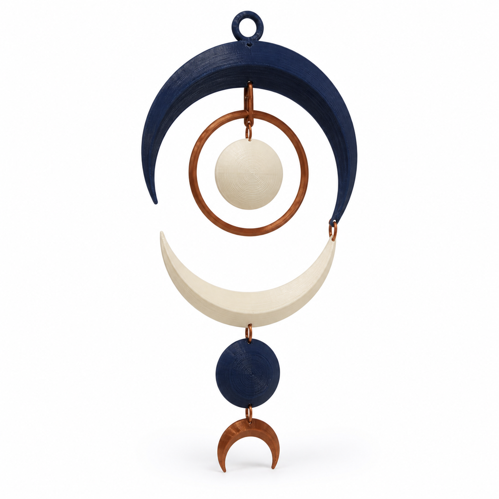 Product illustration of "Moonmobile night copper" on white background: hanging mobile; Basic shape: vertical sequence of circles, crescents and an upper suspension eye; Design: multi-layered sky motif with freely hanging geometric elements; Colours: dark blue, copper and off-white.