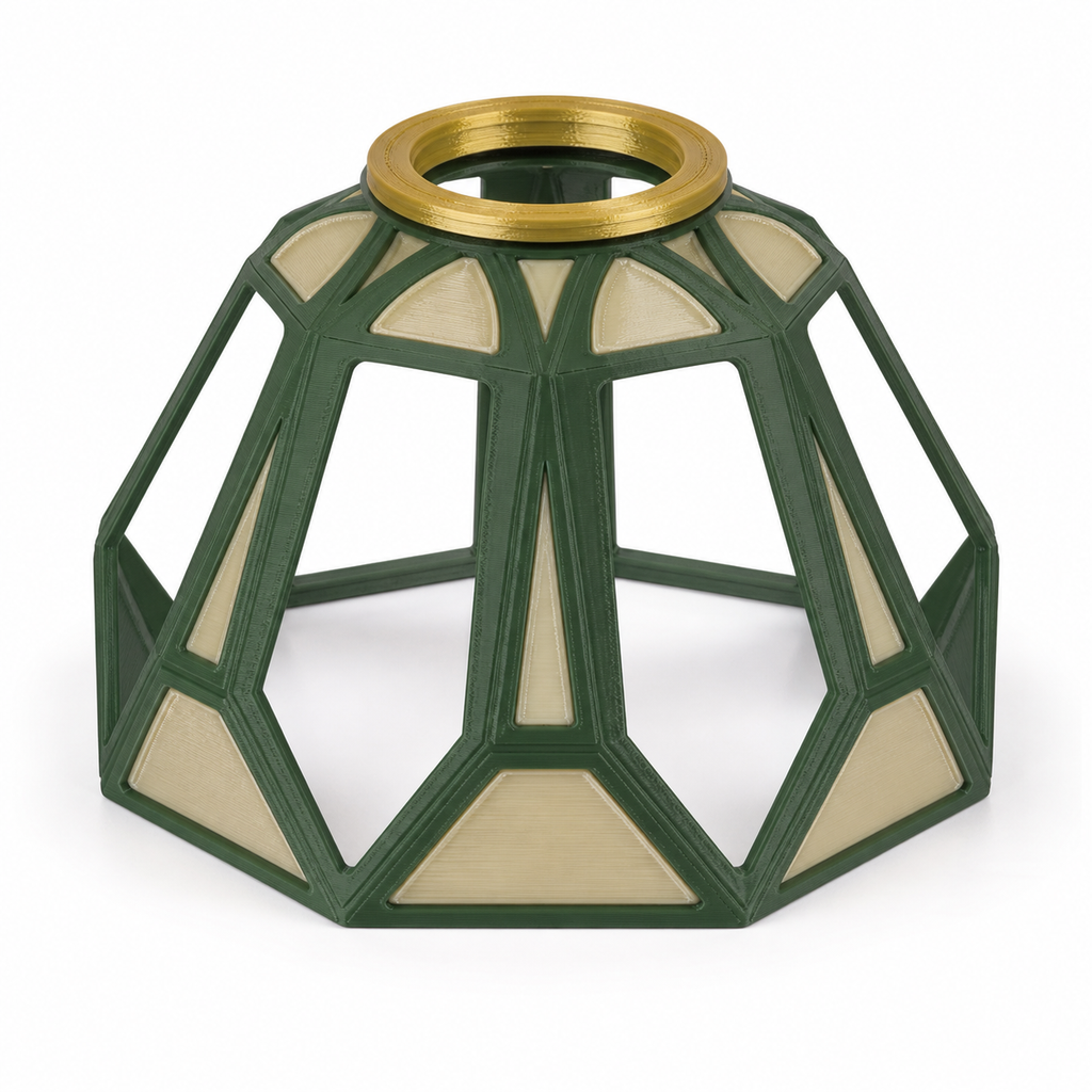 Geometric dome-shaped lampshade with forest green frame, beige surfaces and gold-colored ring on white background.