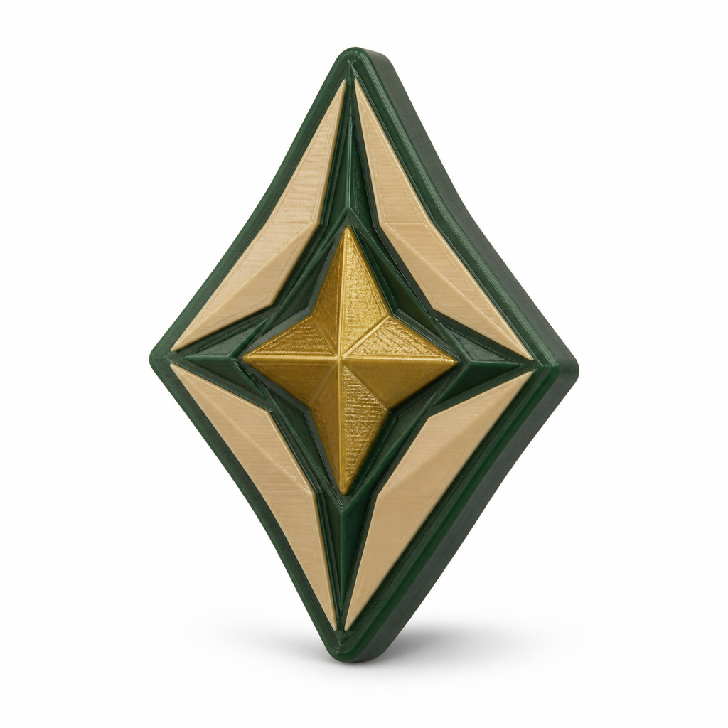 Magnet Smaragdstern – Produktansicht auf weißem Hintergrund; Farben: Dunkelgrün, Beige und Goldfarben.