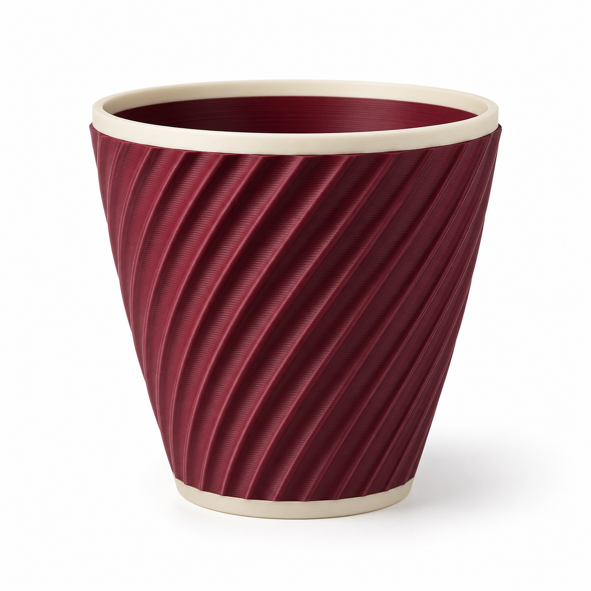 Product illustration of “planter Bordeaux grooves” on a white background: planter; Basic shape: slightly conical round pot with wide opening; Design: diagonally extending relief grooves move the entire body; Colours: Bordeaux, cream and Dark red.