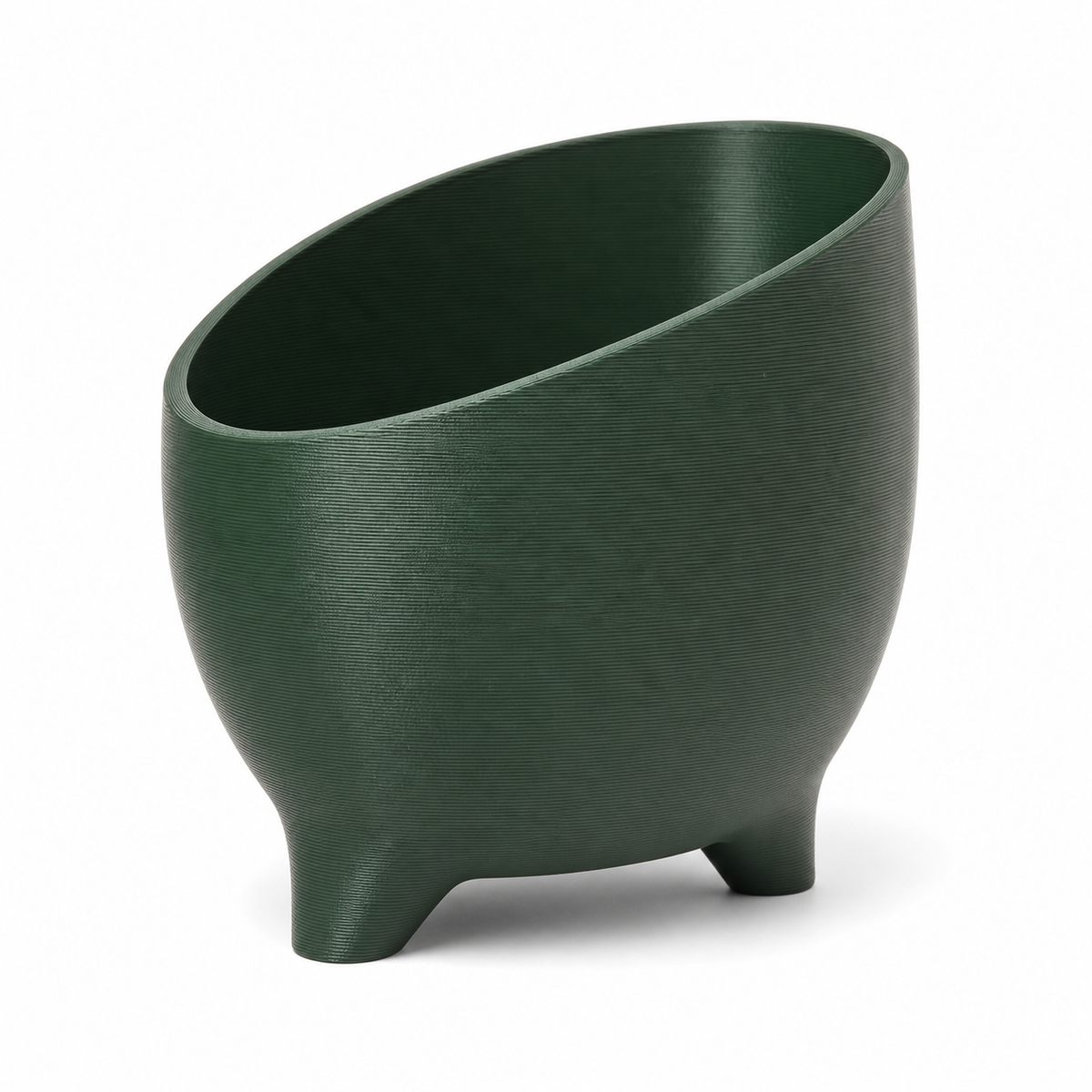 Product illustration by “plant emerald swing” on white background: planter; Basic shape: asymmetrical high body with obliquely rising oval opening; Design: smooth organic wall and three short feet; Colours: dark green and emerald green.