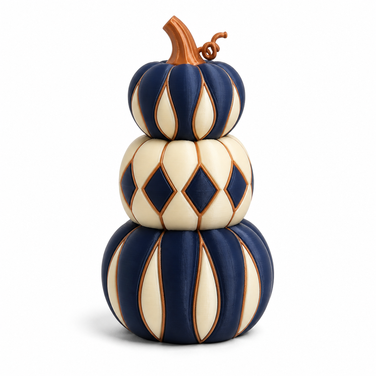 Product illustration of "Pump Tower Night copper" on white background: Seasonal decoration figure; Basic shape: three stacked pumpkin shapes with curved stem; Design: changing rhodium and petal shapes structure each level; Colours: dark blue, copper and off-white.