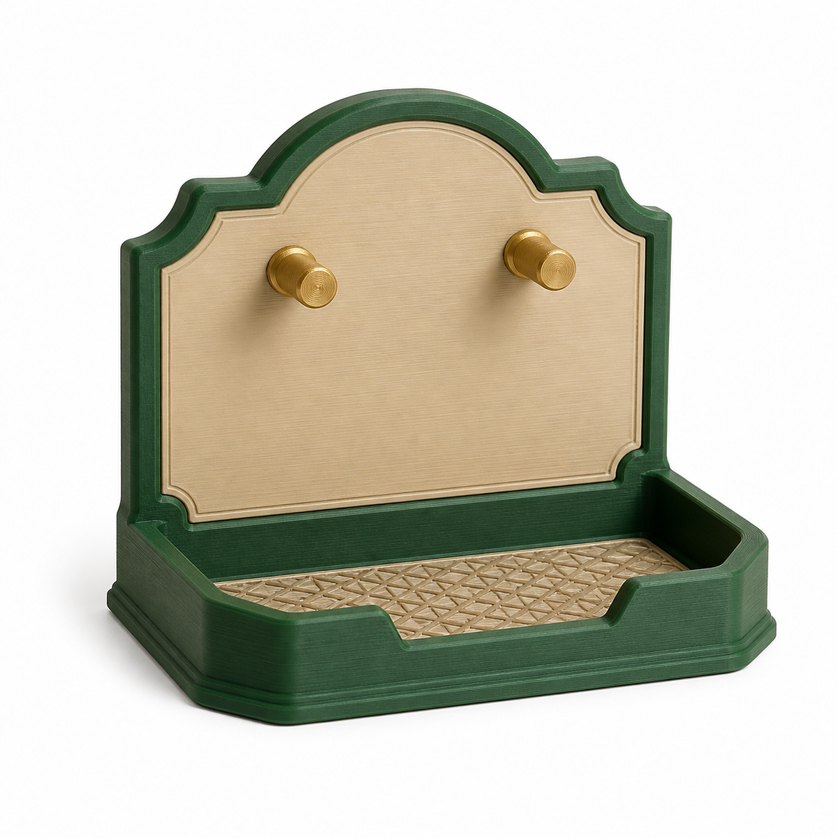 Product illustration of "key tray emerald arch" on white background: key rack with shelf; Basic shape: curved wallplatte with two button hooks and deep front shelf; Design: beige main surface in a multi-stage green frame; Colours: dark green, beige and gold.