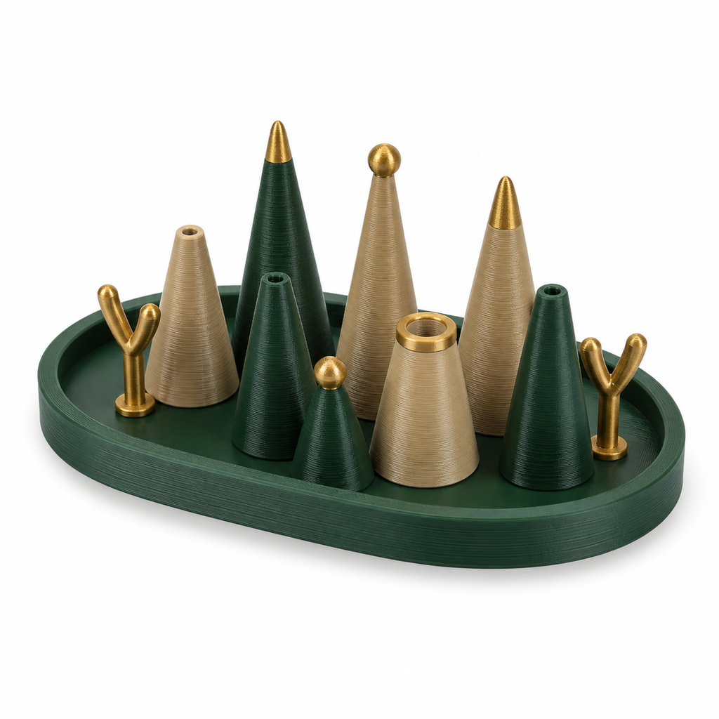 Ringtablett Smaragdgold – Produktansicht auf weißem Hintergrund; Farben: Dunkelgrün, Beige und Goldfarben.