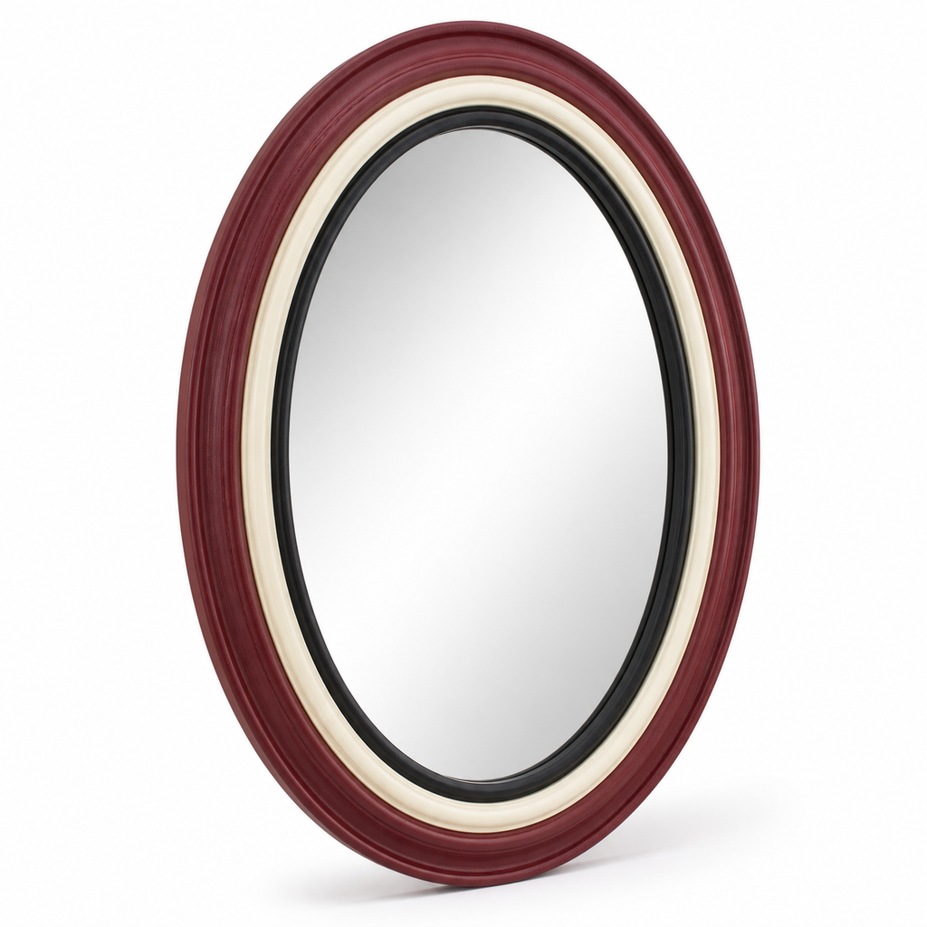 Product image of "Mirror frames Bordeauxoval" on white background: Mirror frames; Basic shape: slim high oval frame; Design: multi-layered round contour with dark inner edge; Colours: Bordeaux, cream and black.