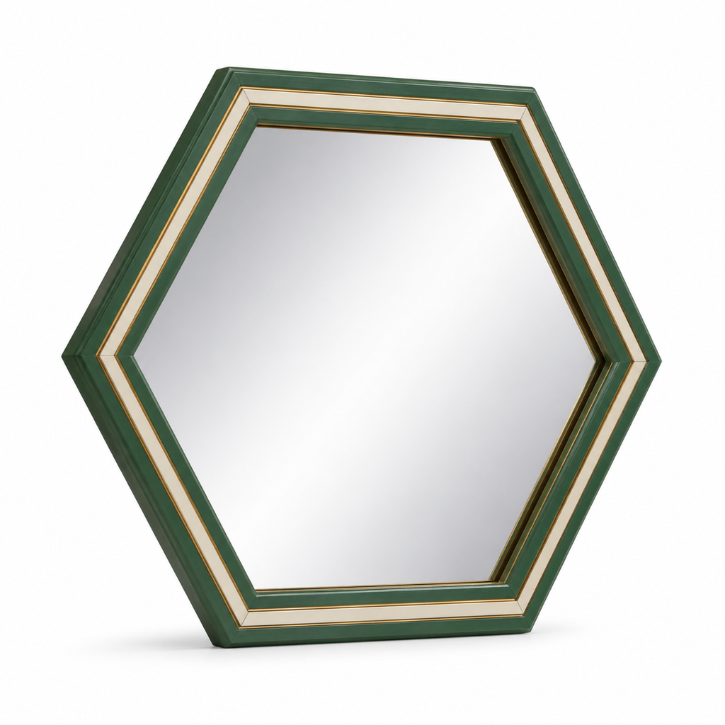 Product illustration of “Mirror frames Emerald Wabe” on white background: Mirror frames; Basic shape: regular hexagonal frame; Design: multiple stepped geometric contour around the mirror surface; Colours: dark green, beige and gold.