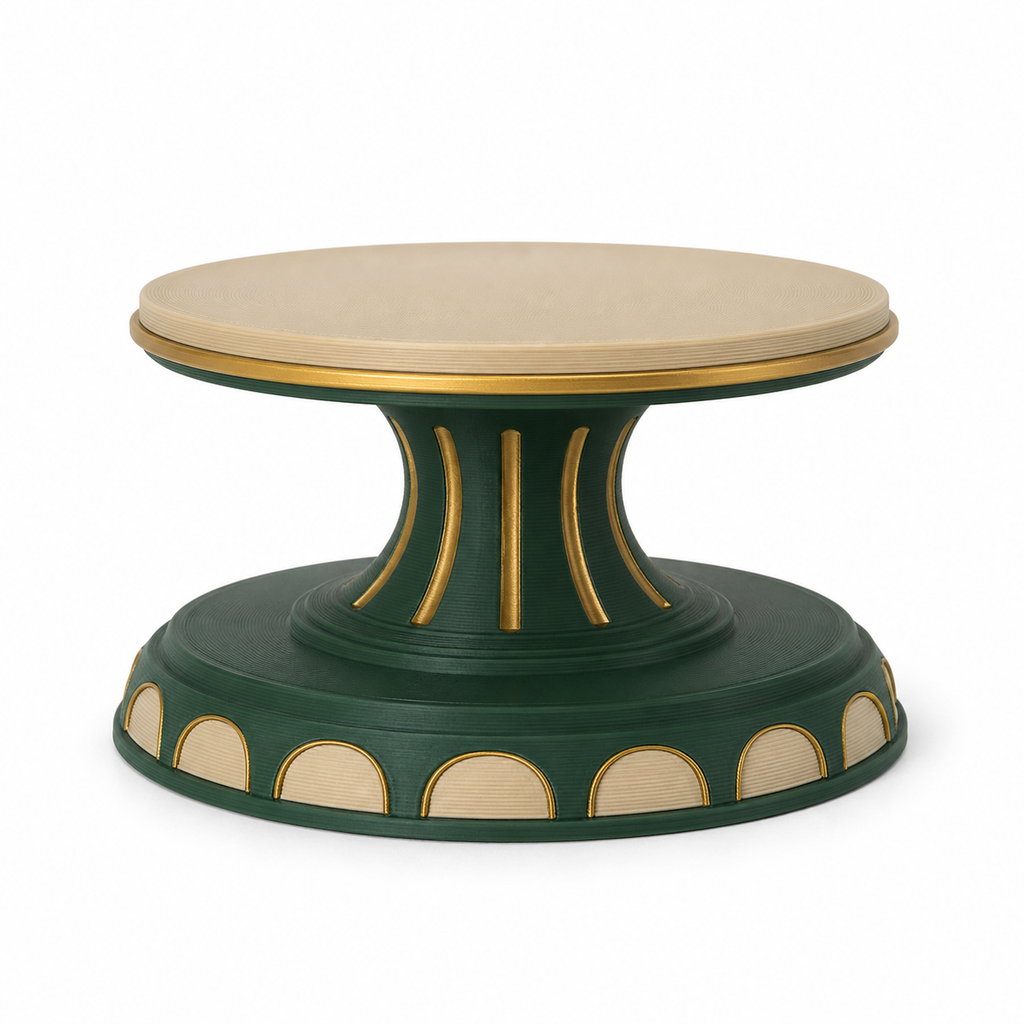 Product illustration by “table plinth Smaragdgold” on a white background: table decoration; Basic shape: round raised platform on a tailored mid-foot and wide base; Design: classic symmetrical construction with a quiet surface; Colours: dark green, beige and gold.