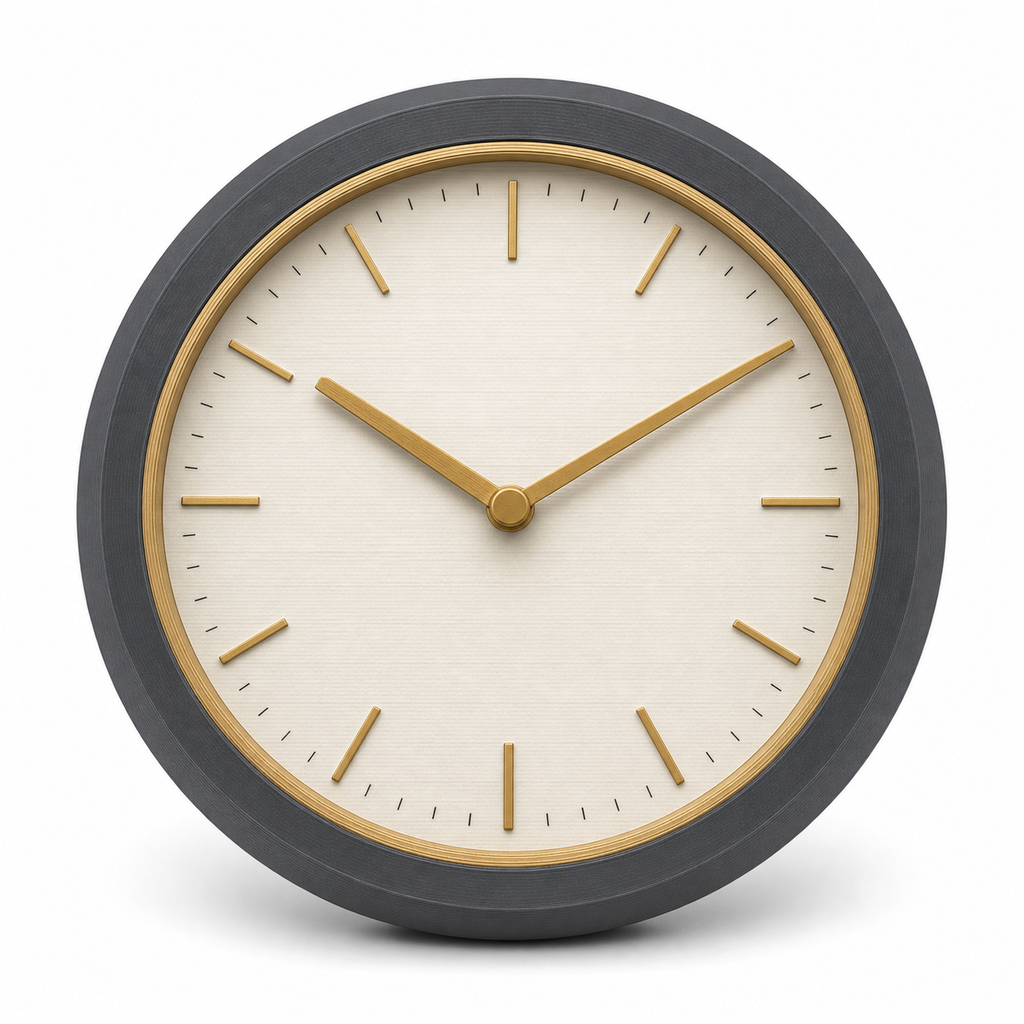Product illustration of "wall clock gold circle" on white background: wall clock; Basic shape: round watch with wide dark grey outer frame; Design: bright dial with fine bar indices and reduced pointer design; Colours: ivory, dark grey and gold.