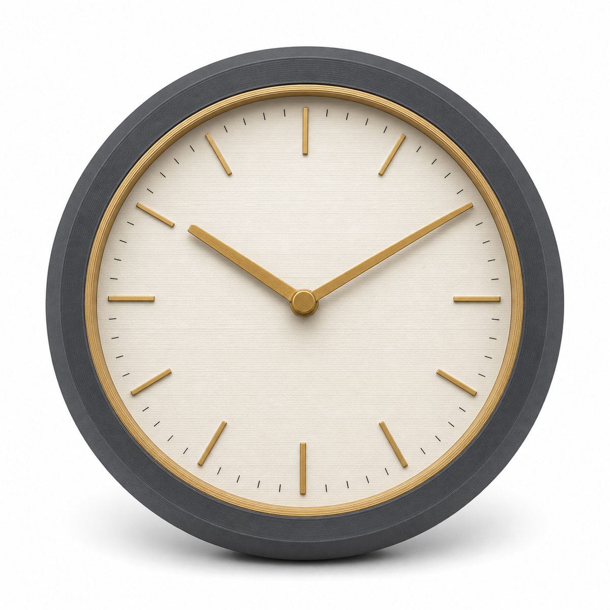 Product illustration of "wall clock gold circle" on white background: wall clock; Basic shape: round watch with wide dark grey outer frame; Design: bright dial with fine bar indices and reduced pointer design; Colours: ivory, dark grey and gold.