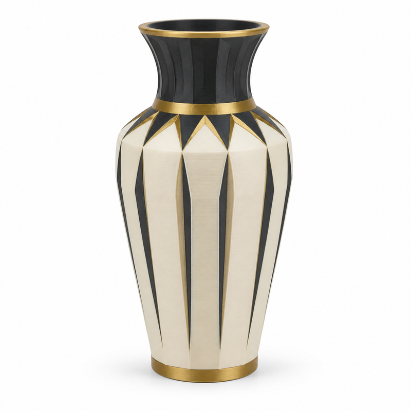 Vase Goldfächer – Produktansicht auf weißem Hintergrund; Farben: Elfenbein, Schwarz und Goldfarben.