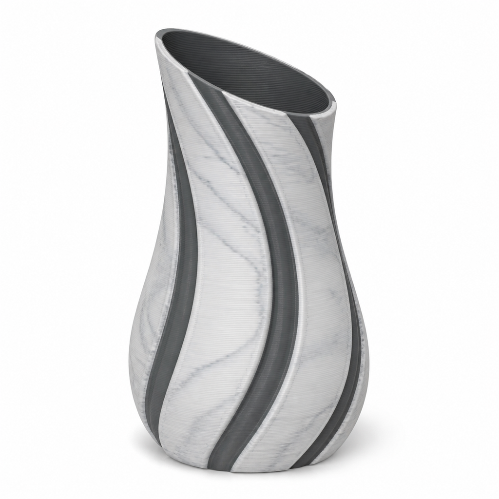 Product illustration of "Vase marble optic flow" on white background: decorative vase; Basic shape: slender organically curved high shape with oblique opening; Design: several wavy longitudinal tracks flow around the body; Colours: marble white, dark grey and black.