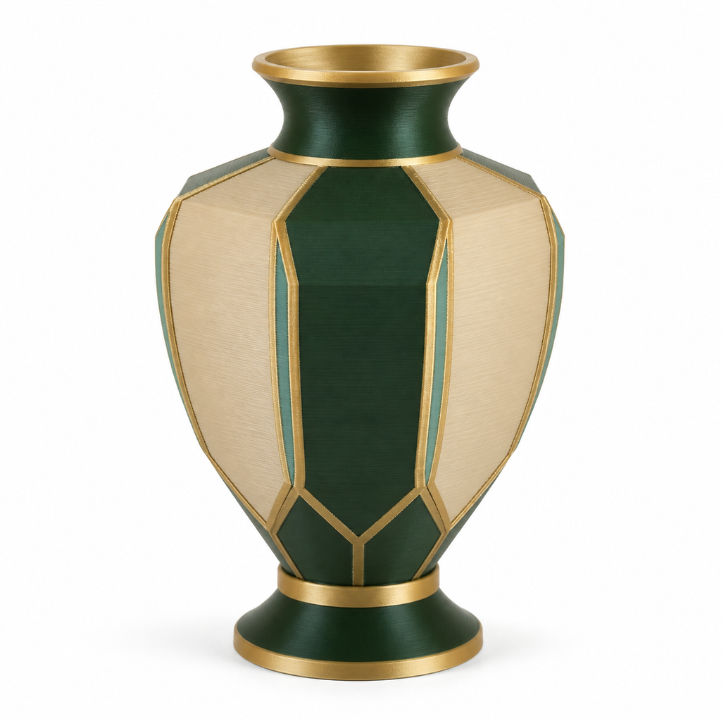 Vase Smaragdpalais – Produktansicht auf weißem Hintergrund; Farben: Dunkelgrün, Beige und Goldfarben.