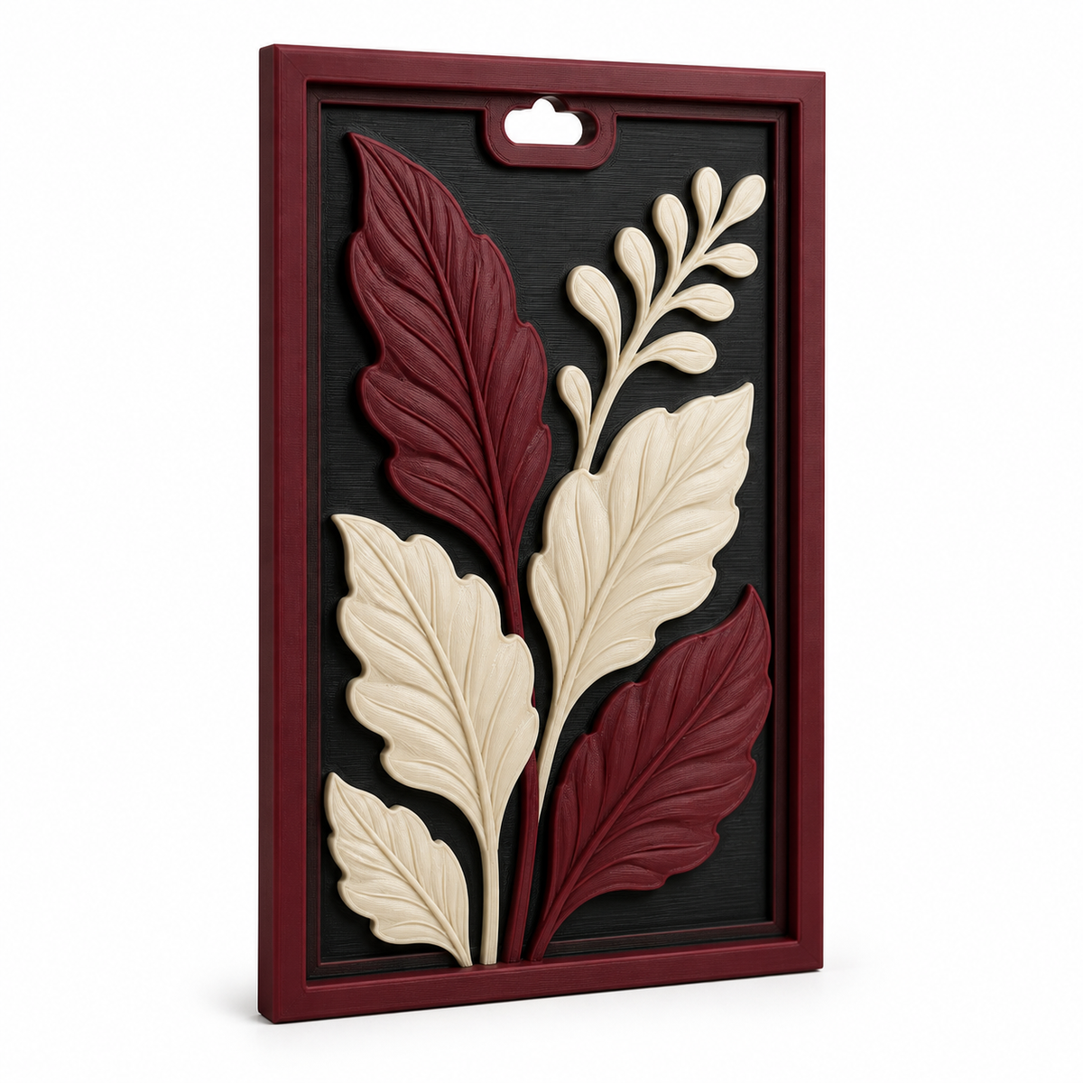 Product illustration by “Blattrelief Bordeaux Branch” on white background: wall relief; Basic shape: high rectangular frame board with small suspension neck; Design: three plastic leaf branches with clearly drawn veins; Colours: Bordeaux, cream and black.