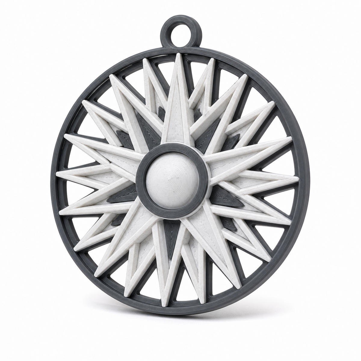 Product illustration of "Radrelief marble optic beam" on white background: wall ornament; Basic shape: round broken disc with upper suspension eye; Design: many narrow spokes run star-shaped towards a round center; Colours: marble white, dark grey and black.