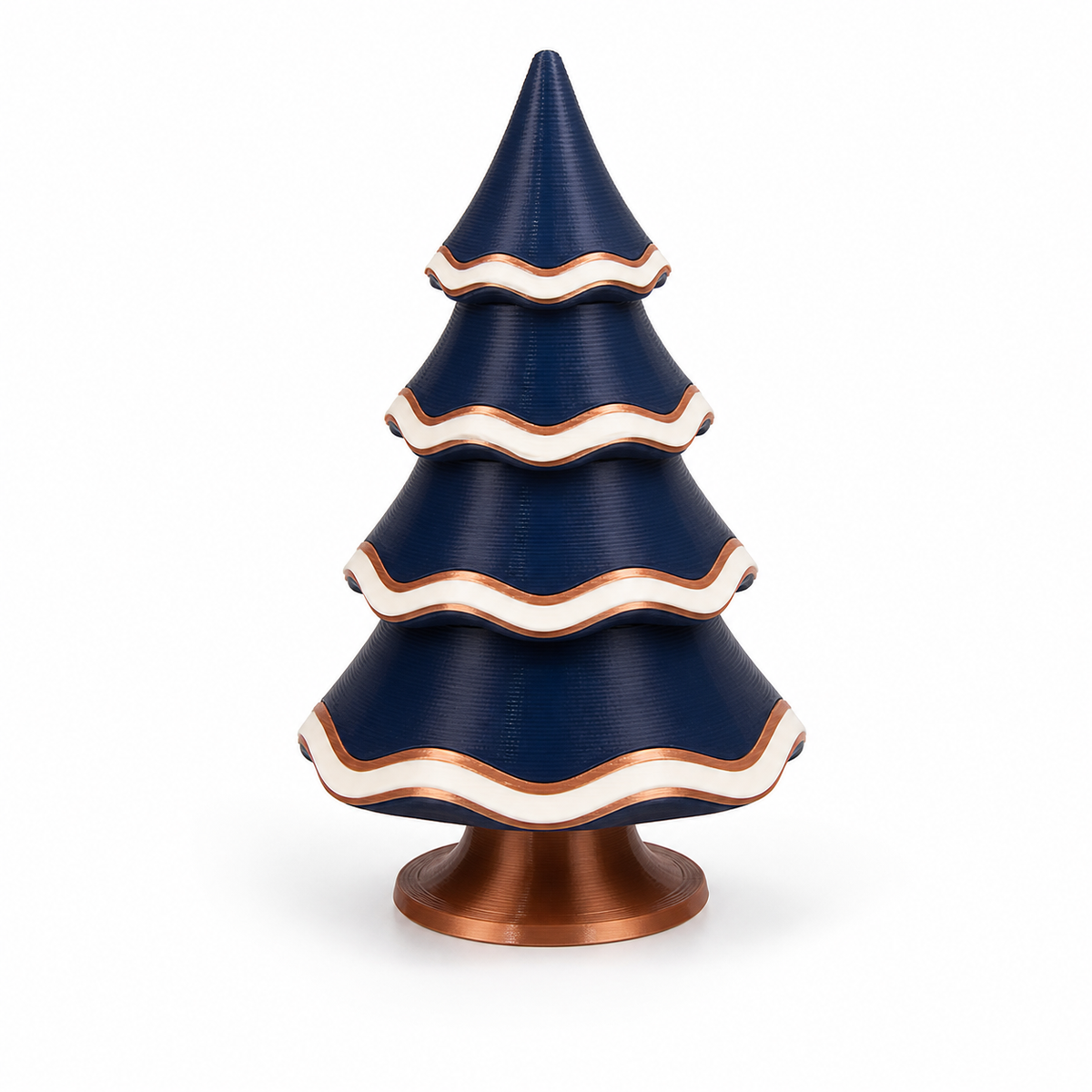 Product illustration of “Festbaum Nachtwellen” on white background: Deko-Christmas tree; Basic shape: soft stepped conical tree shape on a round foot; Design: four wide wavy branches with quiet dark blue surfaces; Colours: dark blue, copper and off-white.