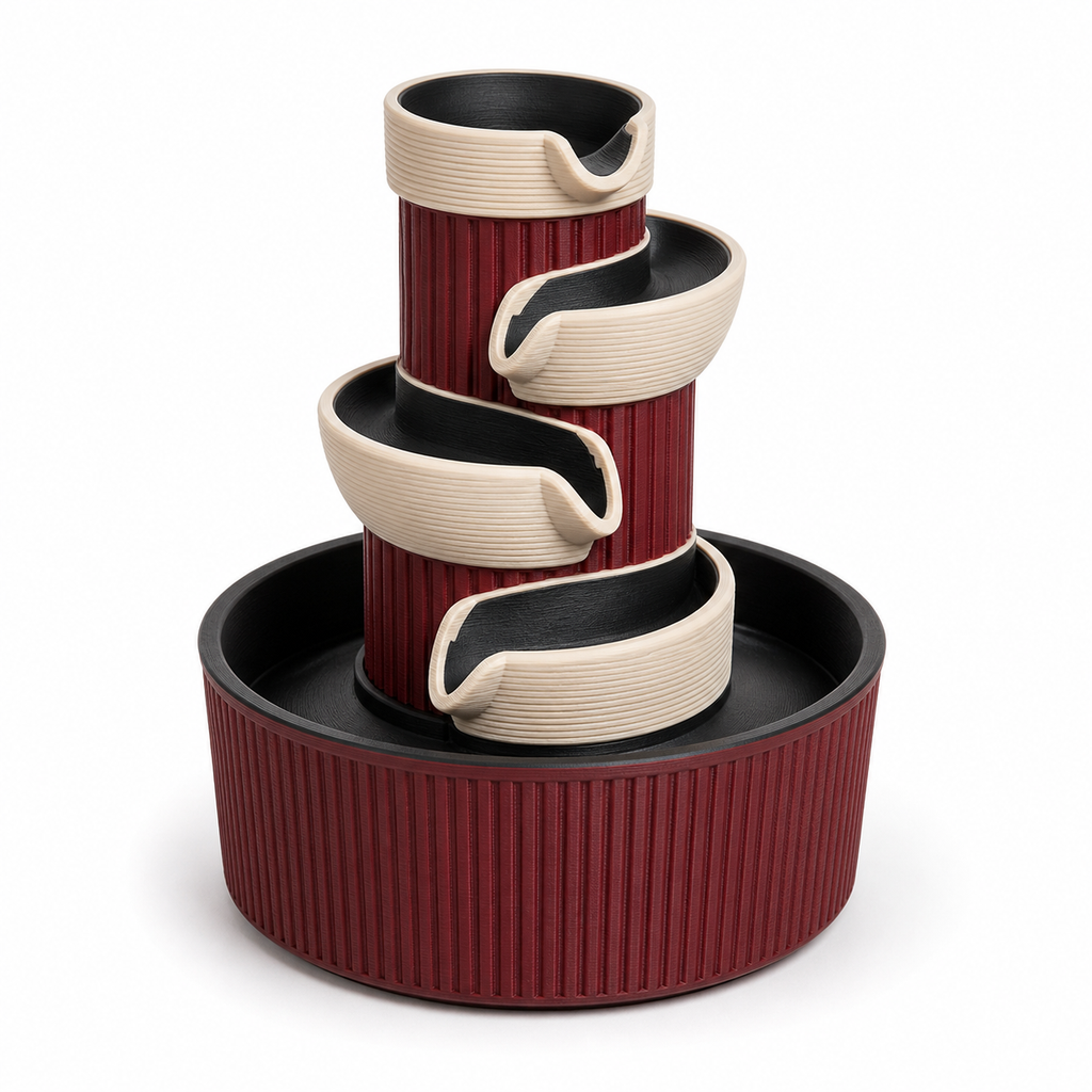Product illustration of "Indoor fountains Bordeaux spiral" on a white background: Indoor fountains; Basic shape: high ribbed middle column with four spirally offset bowls in a round basin; Design: cream-coloured gutters wrap around the bordeaux-coloured core; Colours: Bordeaux, cream and black.