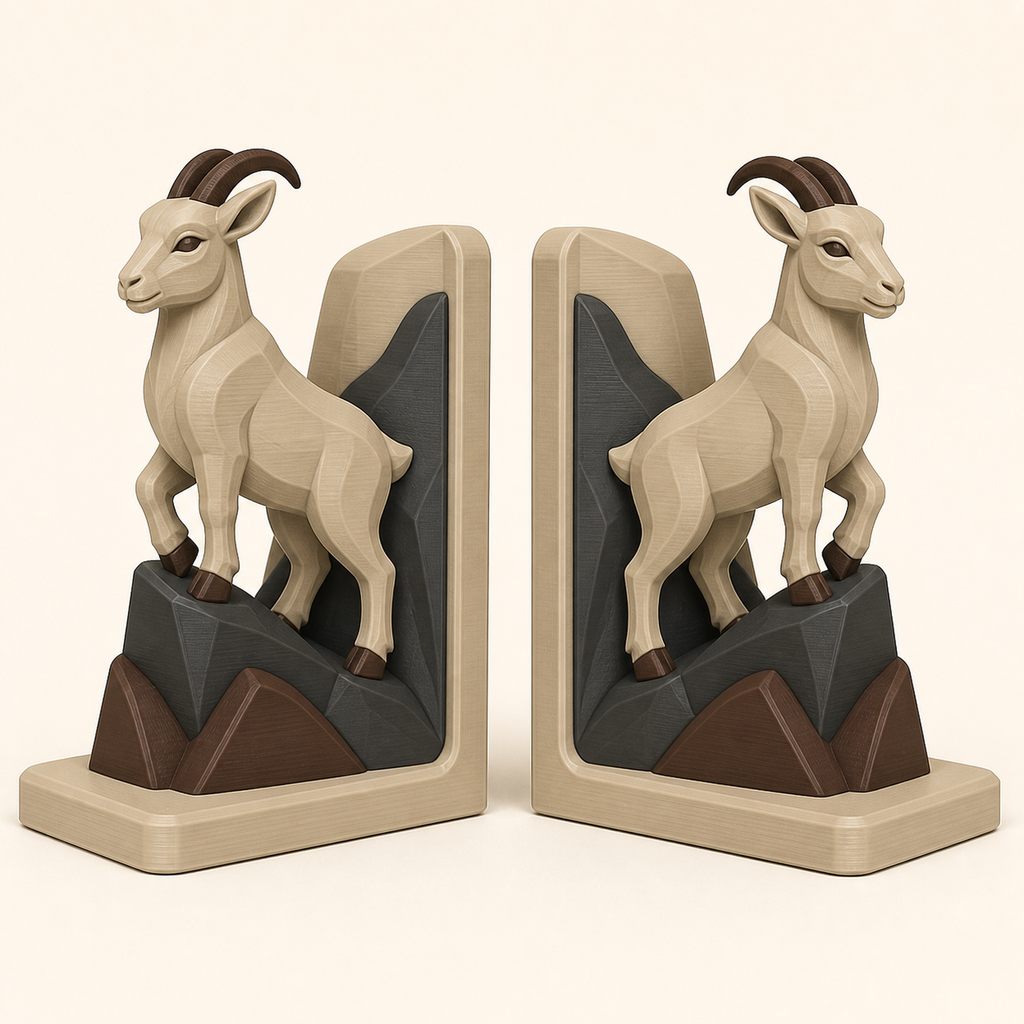 Ziege-Buchstützen-Paar Wächterpaar aus 3D-gedrucktem PETG in Sandbeige, Kastanienbraun, Anthrazit