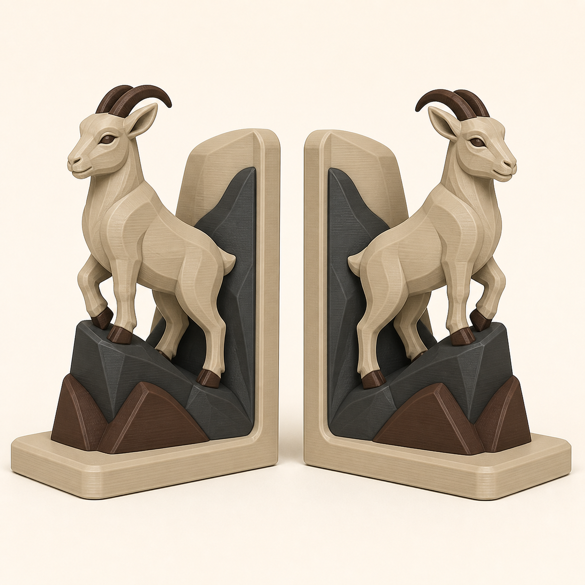 Ziege-Buchstützen-Paar Wächterpaar aus 3D-gedrucktem PETG in Sandbeige, Kastanienbraun, Anthrazit