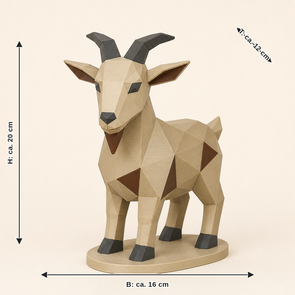 Maßbild für Ziege-Low-Poly-Skulptur Facettenfigur: Breite ca. 16 cm, Tiefe ca. 12 cm, Höhe ca. 20 cm