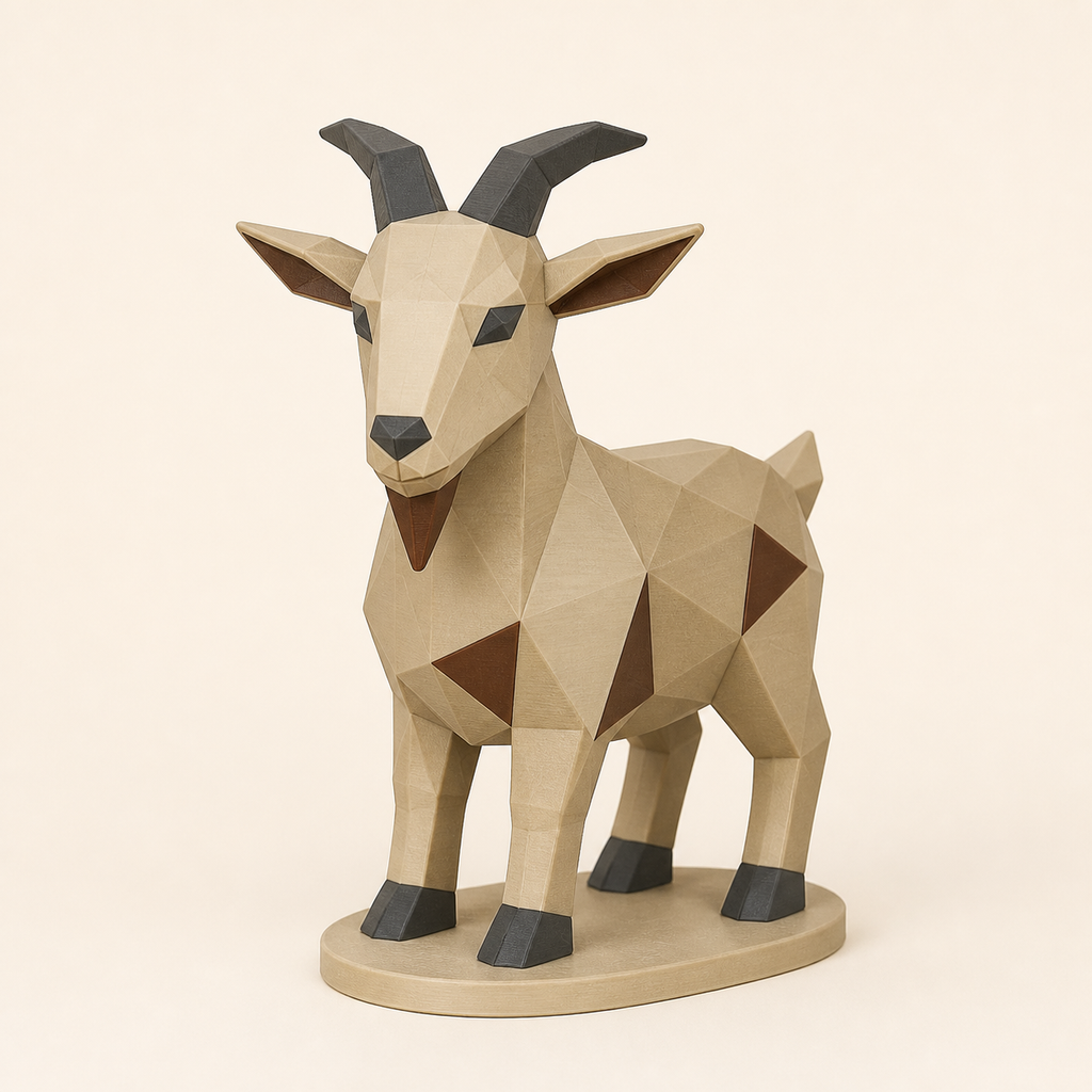 Ziege-Low-Poly-Skulptur Facettenfigur aus 3D-gedrucktem PETG in Sandbeige, Kastanienbraun, Anthrazit