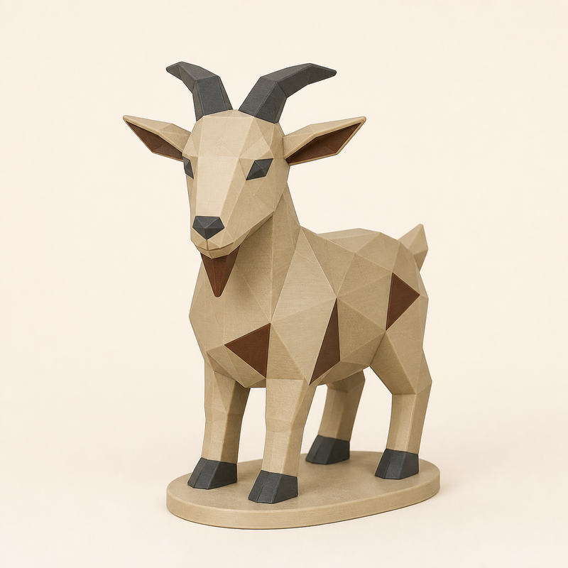 Ziege-Low-Poly-Skulptur Facettenfigur aus 3D-gedrucktem PETG in Sandbeige, Kastanienbraun, Anthrazit