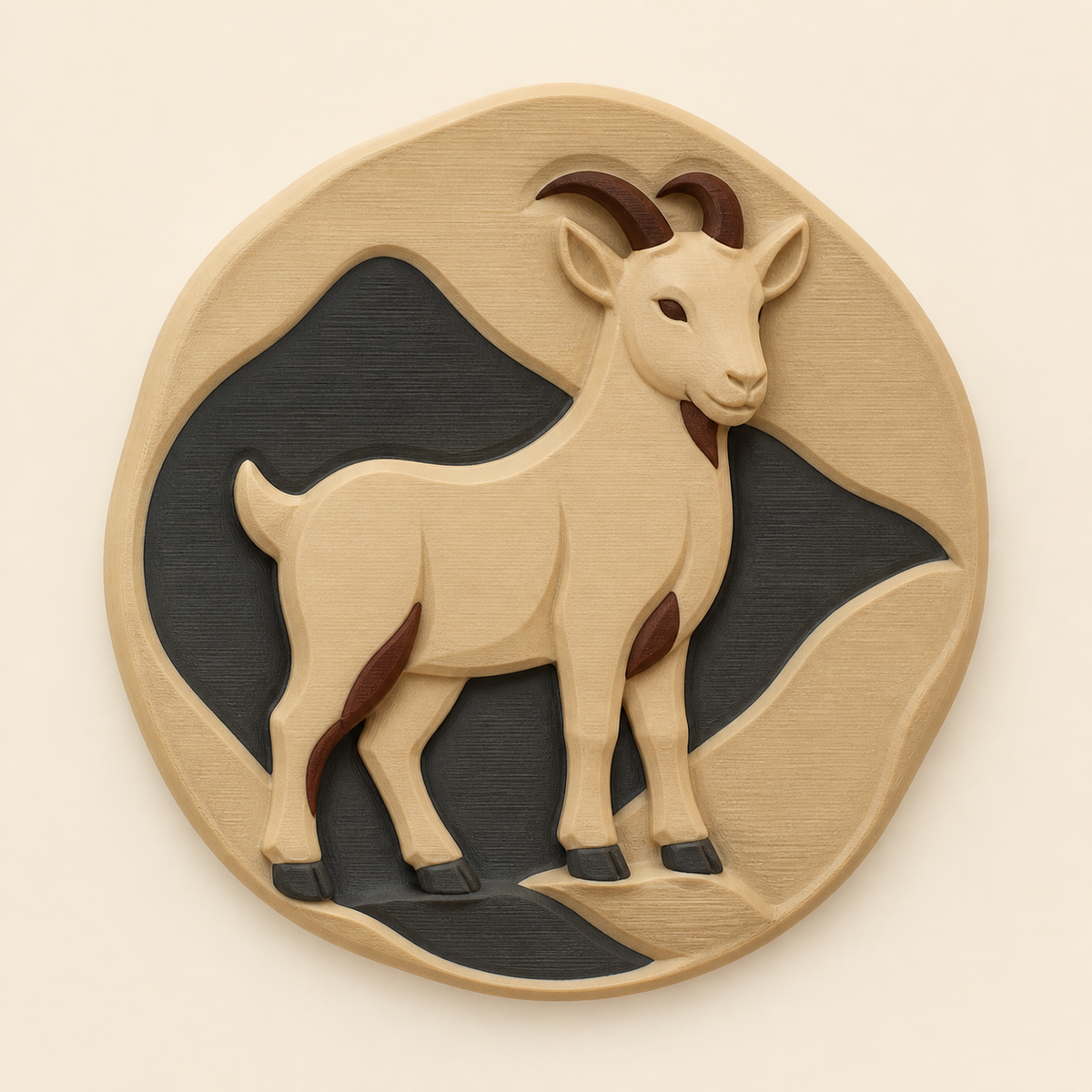 Ziege-Wandrelief Tierporträt aus 3D-gedrucktem PETG in Sandbeige, Kastanienbraun, Anthrazit