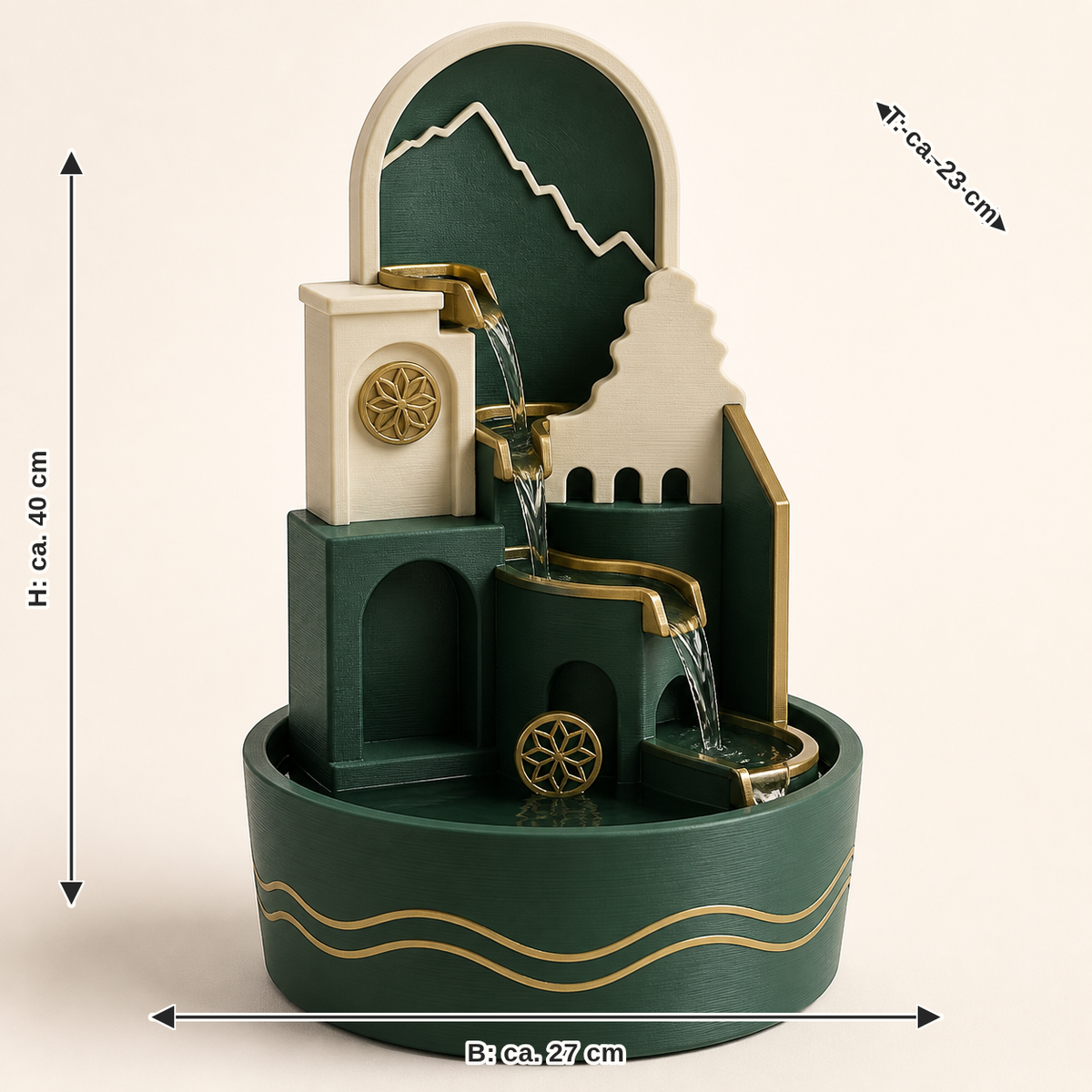 Maßbild für Zimmerbrunnen Alpenkaskade – Salzburg: Breite ca. 27 cm, Tiefe ca. 23 cm, Höhe ca. 40 cm