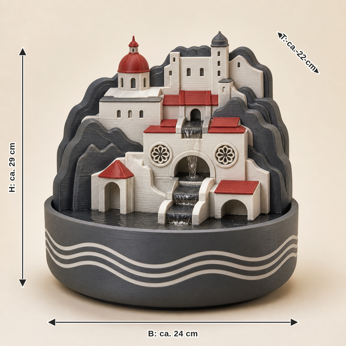 Maßbild für Zimmerbrunnen Altstadtquelle – Salzburg: Breite ca. 24 cm, Tiefe ca. 22 cm, Höhe ca. 29 cm