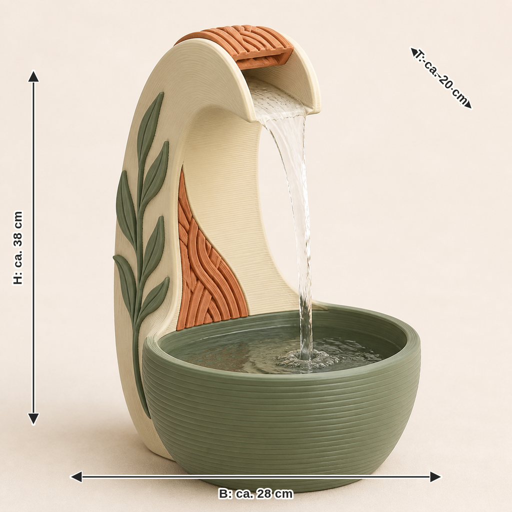 Maßbild für Zimmerbrunnen Bogenquelle – Landhaus: Breite ca. 28 cm, Tiefe ca. 20 cm, Höhe ca. 38 cm