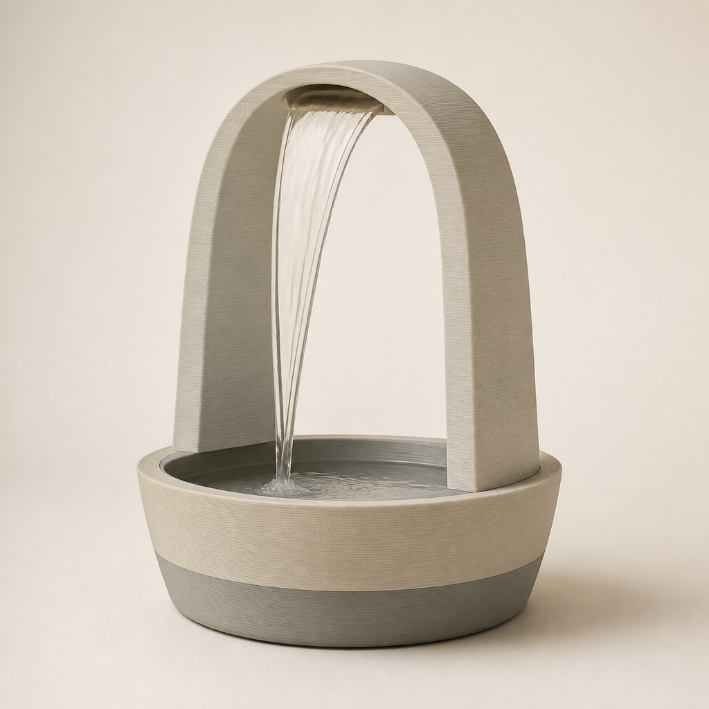 Indoor fountains bow source – minimalist made of PETG on bright studio background