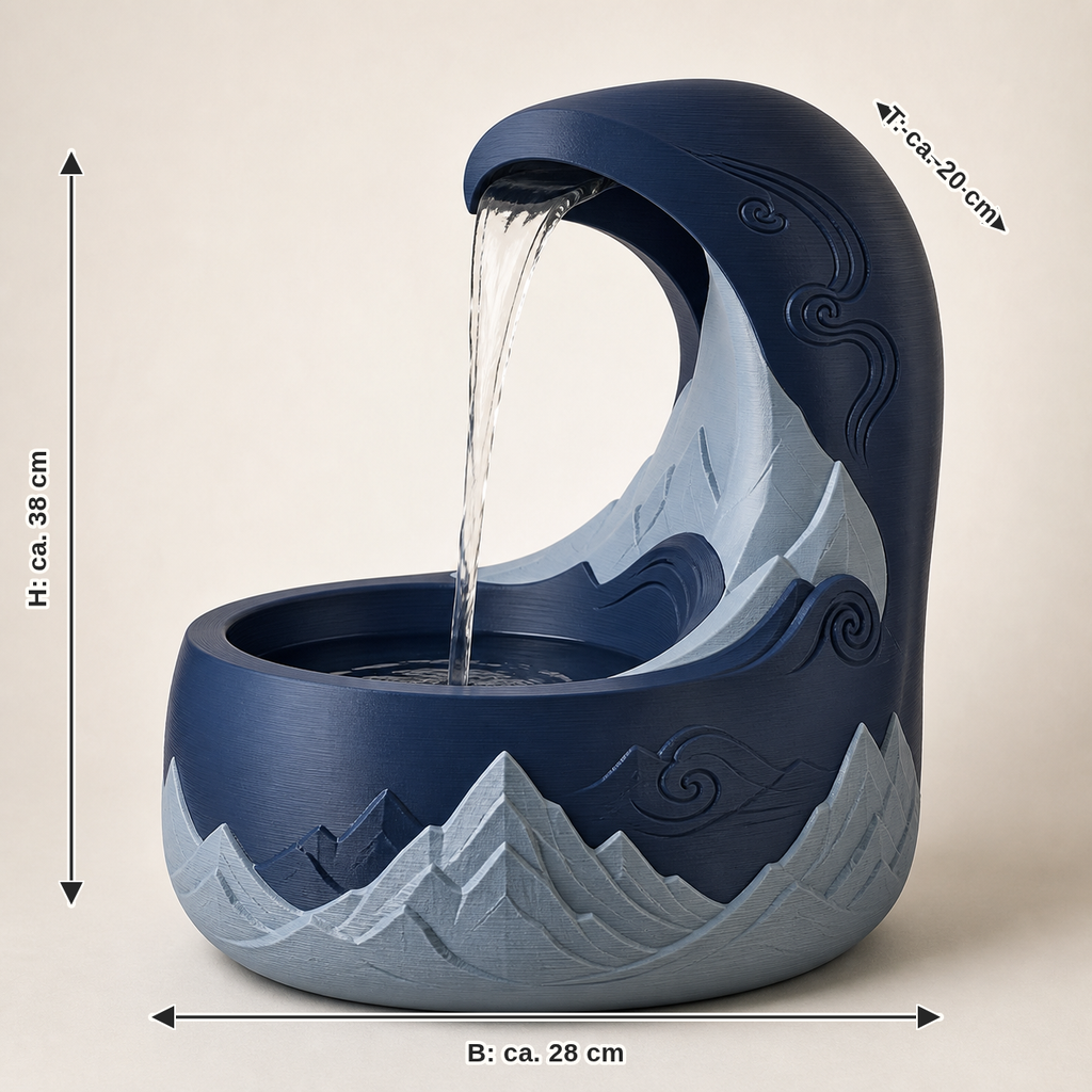 Maßbild für Zimmerbrunnen Bogenquelle – Nordisch & Mythisch: Breite ca. 28 cm, Tiefe ca. 20 cm, Höhe ca. 38 cm