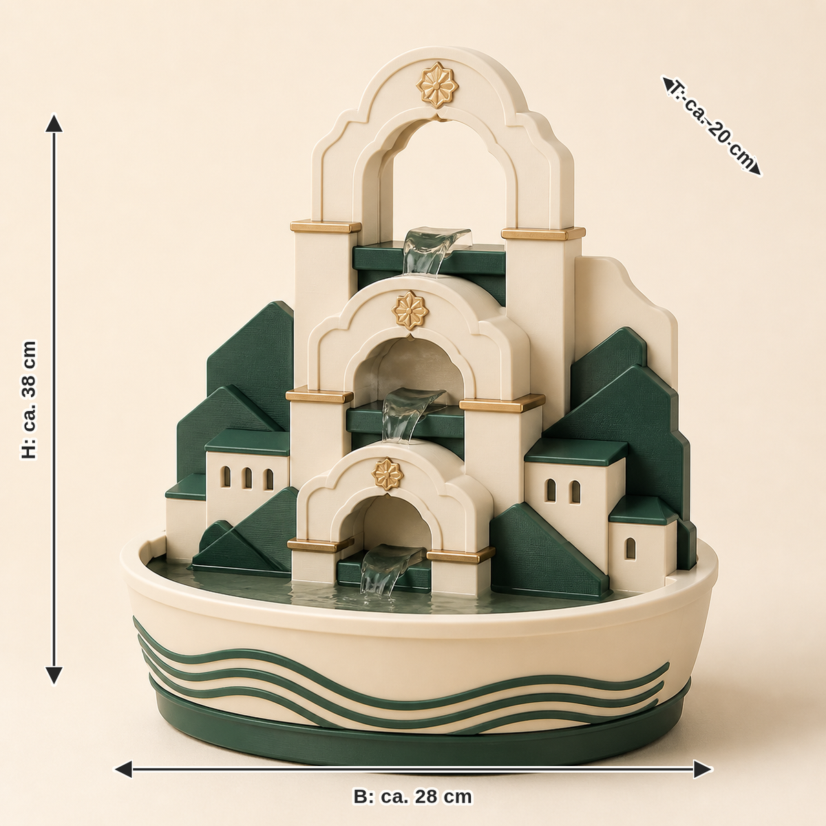 Dimensional image for indoor fountains fortress arch – Salzburg: width approx. 28 cm, depth approx. 20 cm, height approx. 38 cm